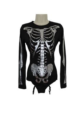 Foreplay Small Medium S/M Black Silver Skeleton Bones Long Sleeve Bodysuit NEW